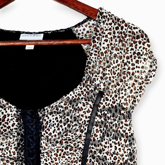 Fashion Bug Leopard Cheetah Ruched Mesh Lace Stretch Blouse Top Sz L - Picture 3 of 10